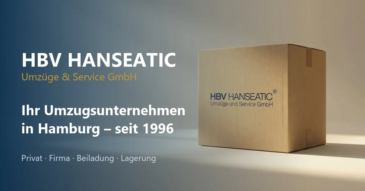 HBV Hanseatic brand card: the company name beside a cardboard moving box printed with their logo.