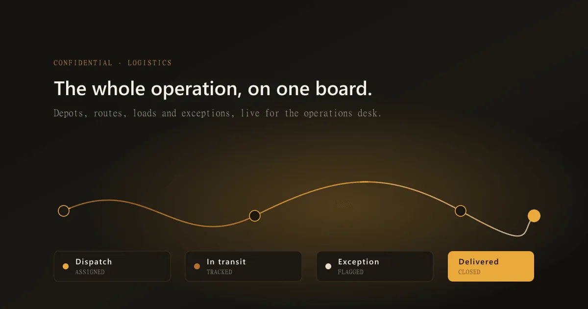 Operations board diagram: a route line running between depot stops above four status lanes — dispatch, in transit, exception and delivered.